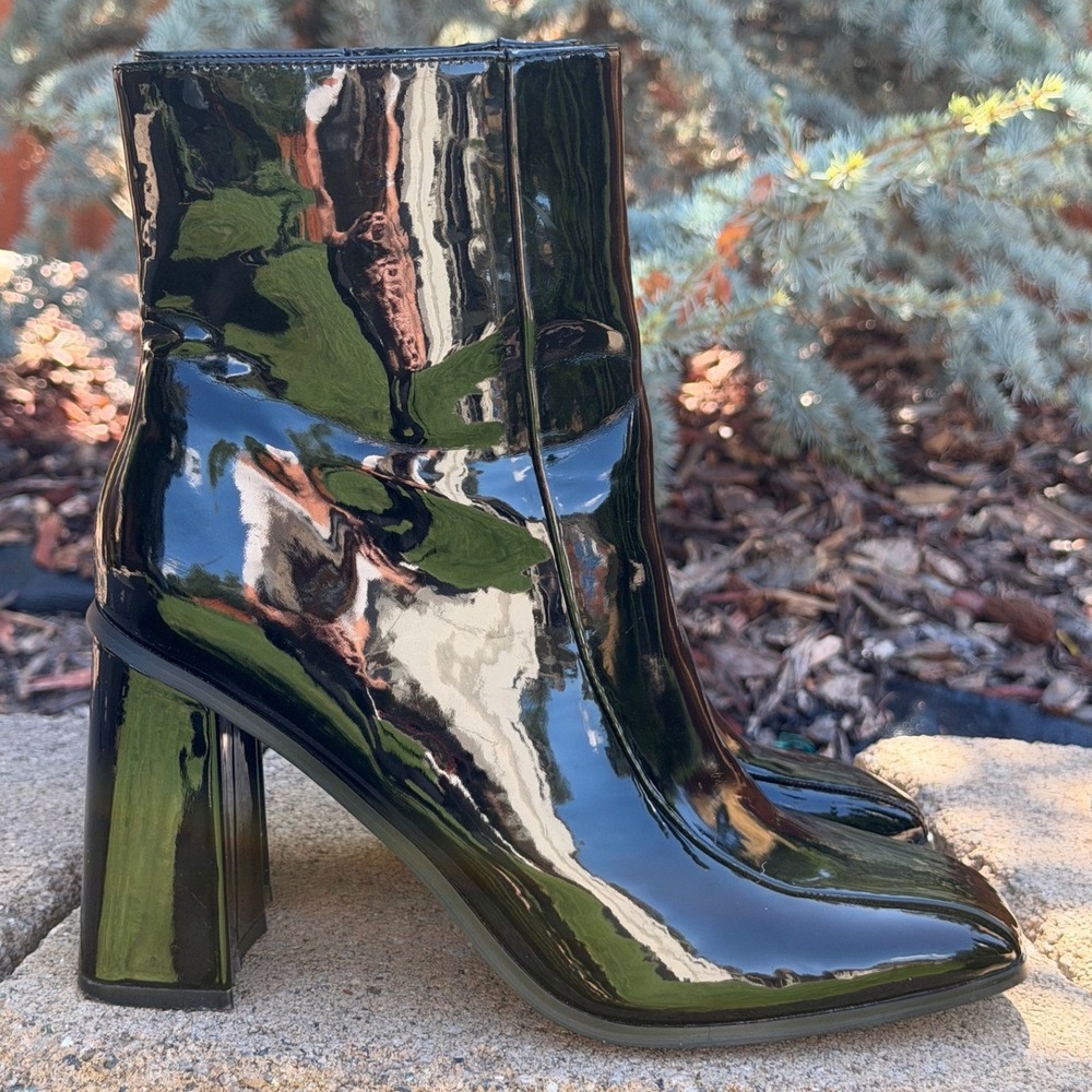 French Connection Black Patent Square Toe Block Heel Ankle Boots Womens 11